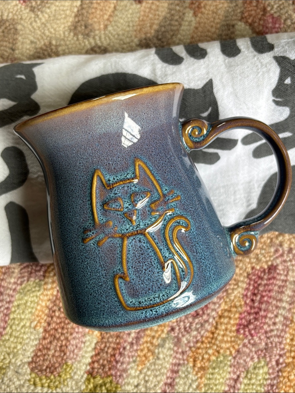 La Rochelle Kitty Cat Ceramic Studio Artisan Stoneware Folk Art Blue Glaze Mug